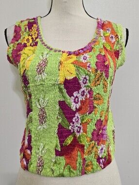 FAITH size Small Gree Floral‎ Hibiscus Smocked Beaded Cropped Tank Lime/Pink